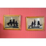 Pair of painted silhouettes on glass featuring galleons at sea - 13.5" x 9.