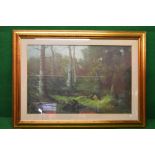 Indistinctly signed oil on canvas of a woodland scene, signed bottom left - 35.