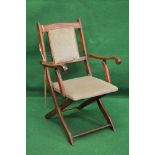 Walnut framed folding campaign chair having string inlay and padded back over a padded seat and