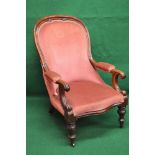 Victorian mahogany show wood frame armchair having hoop back with padded upholstery,