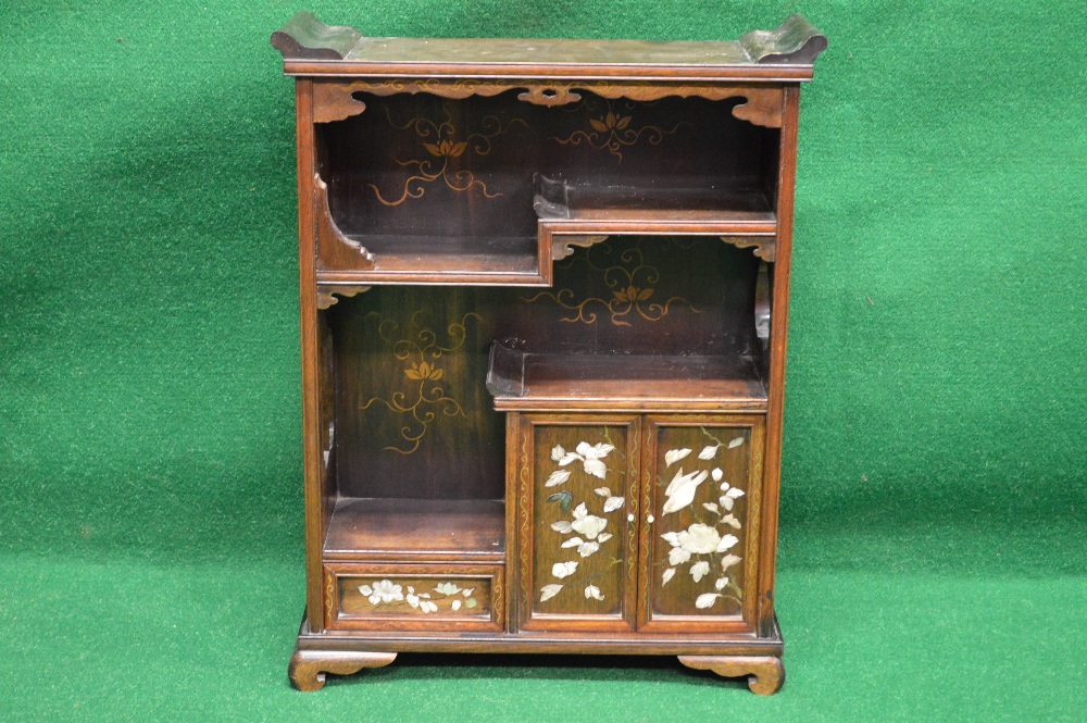 Oriental hardwood table cabinet having stepped shelves over single left hand drawer and two right