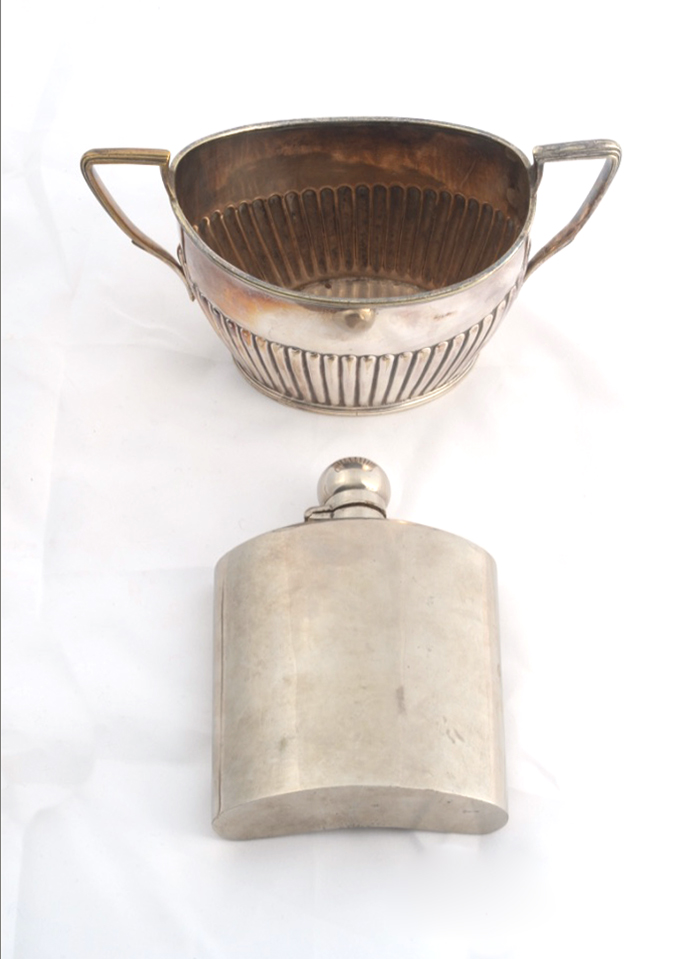 Silver plated sugar bowl and hipflask