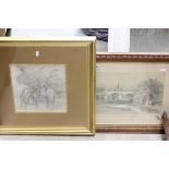 Two Framed and Glazed Graphite Drawings - Boatsman by Bridge and Horses under Trees