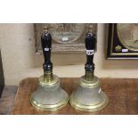 Pair of Large Brass Hand Bells with Turned Wooden Handles (one with clapper missing)