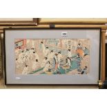 Framed and Glazed Humorous Japanese Print of a Bathing House with Naked Figures