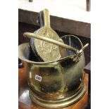 Brass Coal Scuttle, Brass Fire Fender plus Set of Bellows and Fire Tongs