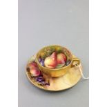 Royal Worcester Gilt Cabinet Cup & Saucer, hand painted with fruits and signed Rushton