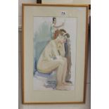 Modern Watercolour of a Nude Female with Artist in background, signed and dated 11" x 19"