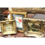 Two Heavy Gilt Framed Pictures - Sailing Ship at Sea and House with Lady and Sheep plus a Gilt