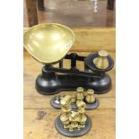 Set of Iron Salter Scales with Brass Pan together with 7 x Imperial Weights on Iron Stand and 9 x