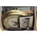 Six Small Hogarth Framed Hunting Prints, Pair of Oval Gilt Framed Watercolours of Flowers, another