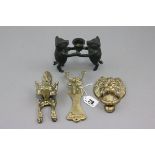 Three Brass Door Knockers - Fox, Lion & Stag plus a Bronze Two Pig Candlestand
