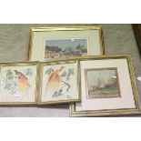 Pair of Watercolours of Exotic Birds signed S Baille together with Pastel of a Church and a