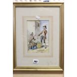 Gilt Framed and Glazed Watercolour, humorous scene of man smelling a basket of fish with the fish