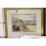 Victorian Framed and Glazed Watercolour of Mother with Children by Beach