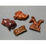 Four Wood Ojimi carvings including Horse (signed), Dragon, Pig and Rabbit