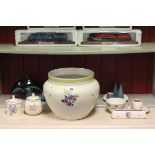 Poole Pottery - Large  Jardiniere, Two Preserve Pots, Condiment Set,  Dolphin and four Other Items