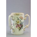 Large 19th century Dresden Triple Handled Loving Mug with hand painted floral and gilt decoration