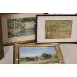 Gilt Framed Oil on Board of Stage Coaching Scene together with a Watercolour of Couple Walking