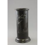 19th C Japanese bronze brush pot with cranes & Mount Fugi decoration