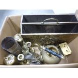 Box of mixed Brassware including magazine rack, WW1 shell vase, carriage clock, bell candlesticks,