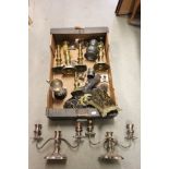 Pair of triple candlesticks with integral snuffer and a group of candlesticks and horse brasses