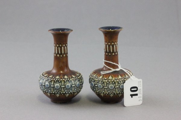 Pair of small Royal Doulton stoneware bottleneck vases, 9cm high