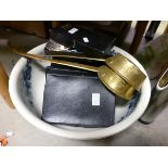 Collection of metalware including jam pan, copper kettle, two brass long handled pans, various cased