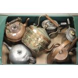 Six vintage copper and plated kettles, teapots etc