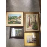 Group of pictures including Woodland Oil by Dennis Cotter, watercolour of Castle Combe,