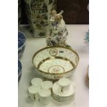 George Jones gilt & floral bowl, five Wedgwood white & gilt coffee cans, saucers plus a