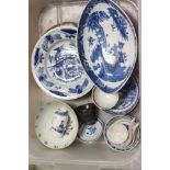 Tray of mixed Chinese ceramics plus a tin glazed plate & a willow pattered footed bowl