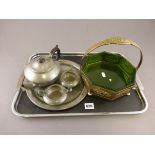 Octagonal copper and glass basket plus Besway Art Deco tray and a four piece pewter tea set