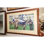 Watercolour of jockeys in paddock at Sandown signed Tim Hall '92