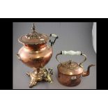 Vintage copper kettle together with a copper urn (one handle a/f)