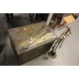 Brass coal box, brass fire guard, two brass companion sets and two brass fire forks