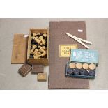 Wooden chess set, draughts set, Tunbridge ware stamp box, two small carved boxes and bone glove