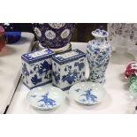 Chinese blue & white slender jar & lid together with two square vases and a pair of Chinese blue &