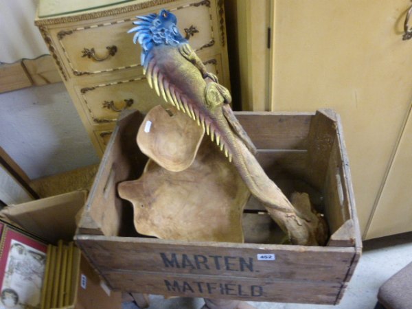 Fruitwood hand carved wooden bowl,  driftwood lizard and a wooden crate marked 'Martin Matfield'