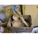 Fruitwood hand carved wooden bowl,  driftwood lizard and a wooden crate marked 'Martin Matfield'