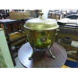 Brass lidded coal bucket with collection of copper, brass & stoneware items