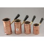 Set of Four Antique Copper Graduating Grain Scoop / Drink Measures with Brass & Turned Wooden