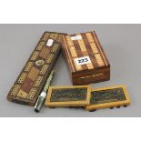 Two wooden 'The Camden Whist Marker's', Cribbage board, cribbage board games box and Swan fountain