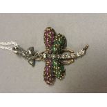 Silver CZ & Amethyst set dragon fly pendant necklace