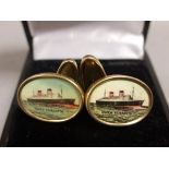 Pair of Vintage Queen Elizabeth Cruise / Shipping Oval Cufflinks