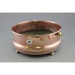 Copper Circular Jardiniere Stand / Bowl with Brass Handles and Three Ball Feet