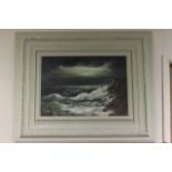 Large Green Painted Framed Oil on Canvas of Seascape signed Wolfgang