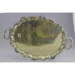 Large Silver Plate Twin Handled Tray with scroll and shell border, engraved with initials and