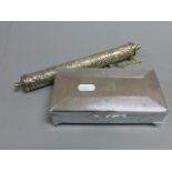 Chrome Plated Cigarette Box with Cedar Lining and a White Metal Tibetan Scroll Holder