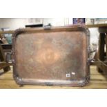 Large Silver Plate on Copper Twin Handled Serving Tray marked SJ to base